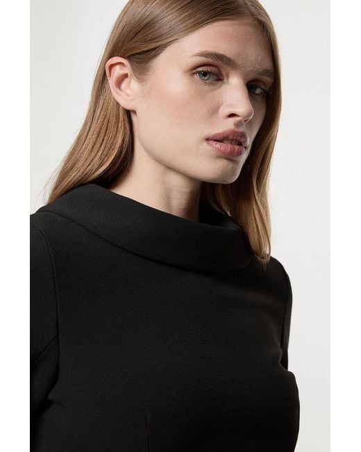 Karen Millen Black Tailored Structured Crepe Roll Neck Pencil Midi Dress
