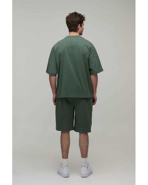 BoohooMAN Green Oversized Panelled Embroidered T-Shirt And Short Set for men