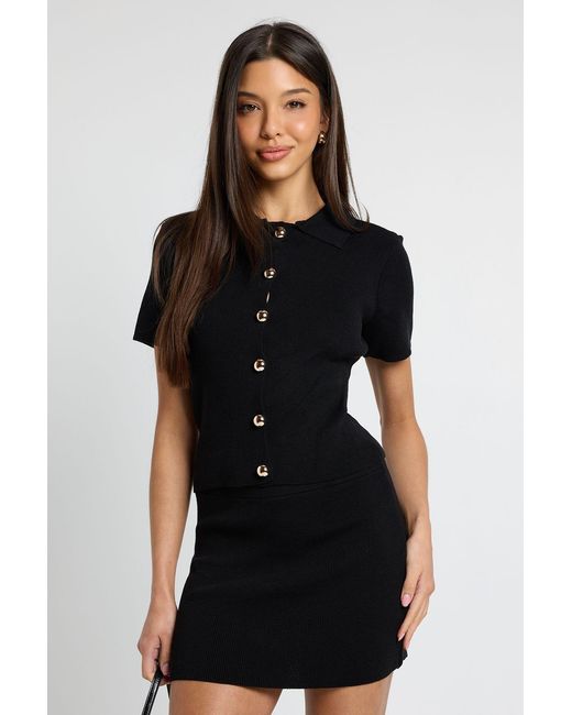 Boohoo Black Short Sleeve Knitted Button Top And Mini Skirt