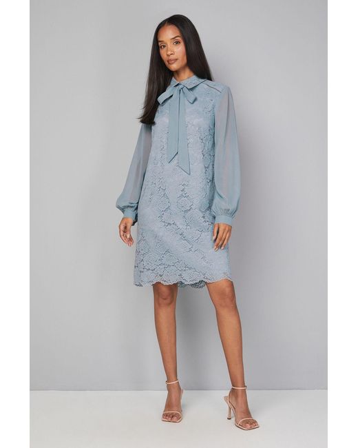 Wallis Blue Lace Tie Neck Shift Dress