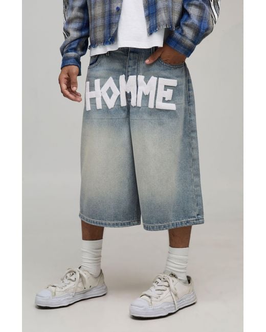 BoohooMAN Blue Tape Effect Crotch Print Longline Denim Jorts for men