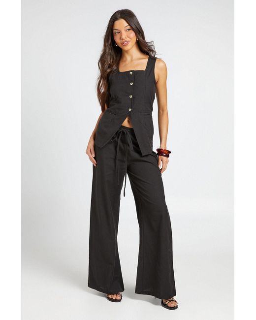 Boohoo Blue Linen Look Square Neck Waistcoat And Tailored Wide Leg Trousers Co-Ord