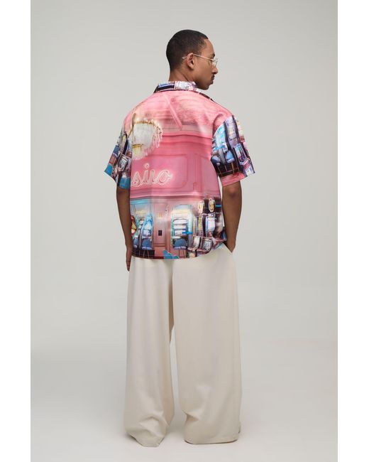 BoohooMAN Pink Oversized Half Sleeve Casino Print Shirt for men