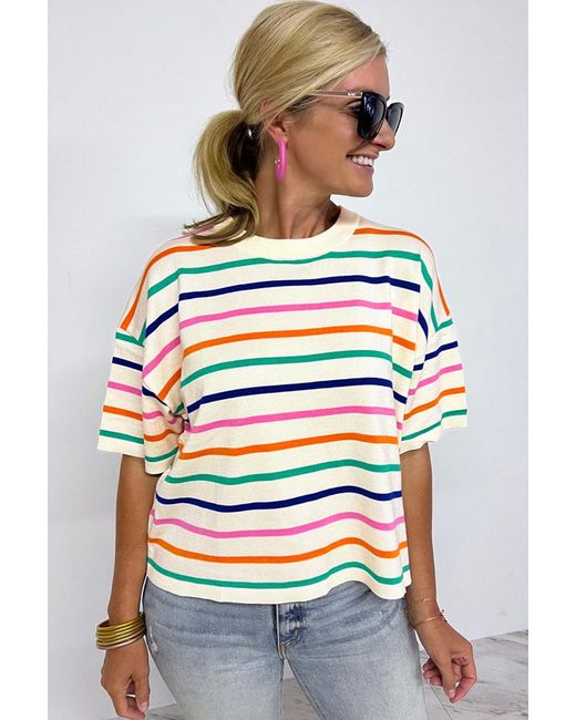Everyday the Label Gray Striped Knit Short Sleeve Pullover