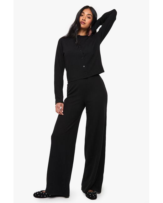 Boohoo Blue Rib Cardigan And Wide Leg Trouser Co-Ord