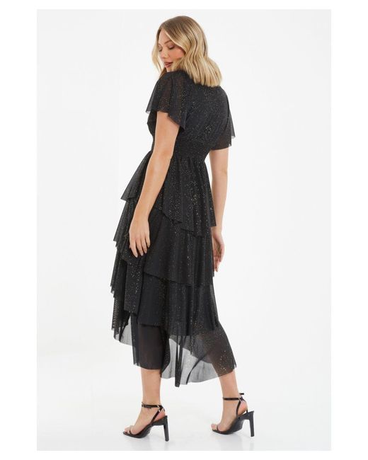 Quiz Black Glitter Tiered Midi Dress