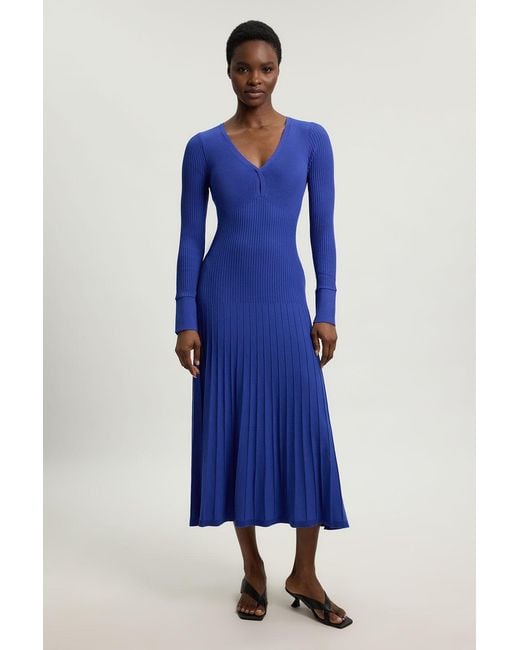 Karen Millen Blue Knit Pointelle Stitch Detail Midi Dress