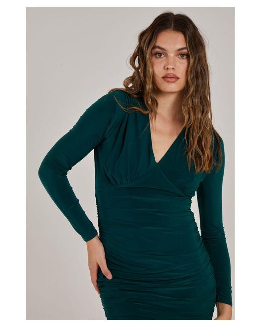 Pink Vanilla Green V Neck Slinky Long Sleeve Dress