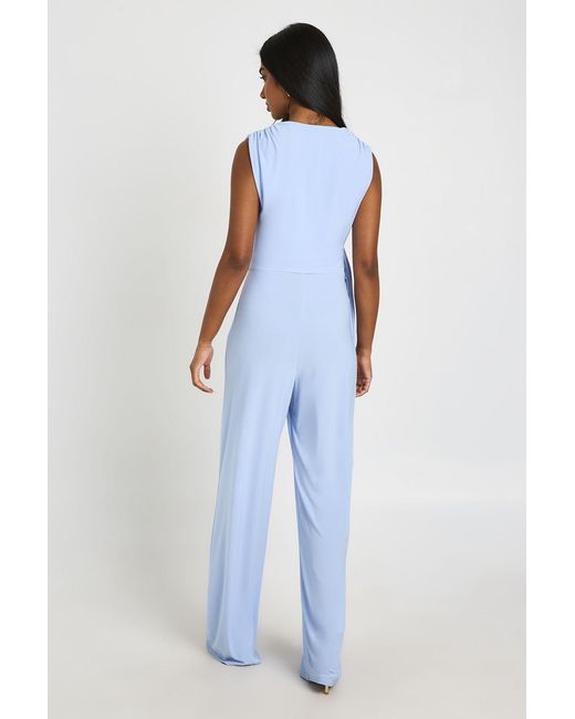 Boohoo Blue Soft Touch Drape Front Wide Leg Jumpsuit
