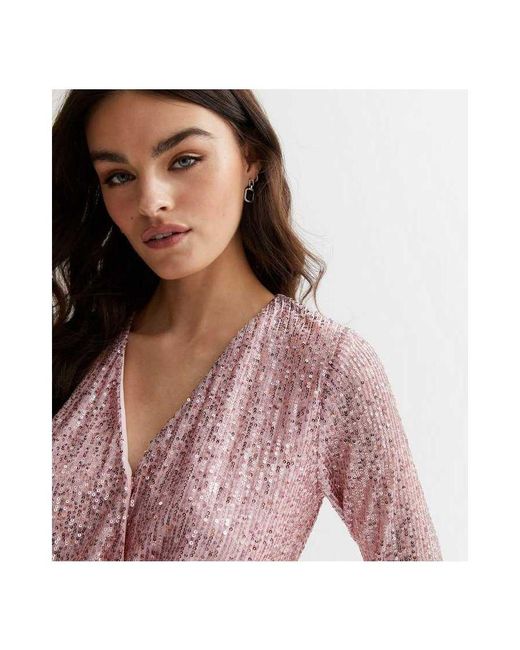 Gini London Pink Sequin Wrap Long Sleeves Bodysuit