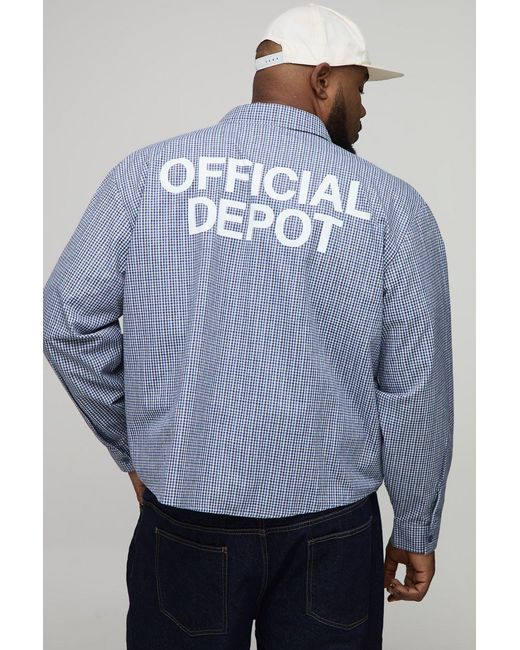 BoohooMAN Gray Plus Oversized Boxy Official Depot Print Micro Check Shirt for men
