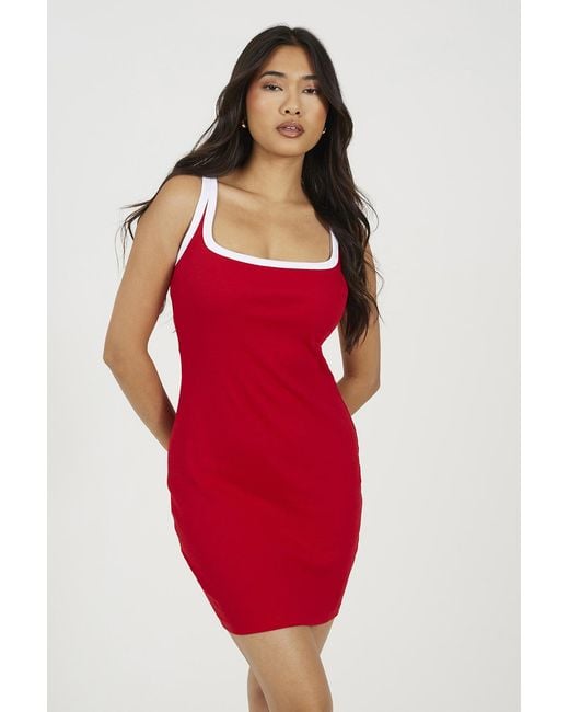 Brave Soul Red Cotton Jersey Contrast Piping Bodycon Mini Dress