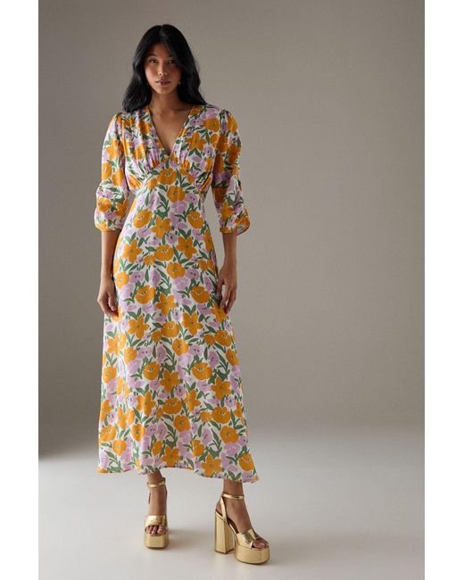 Warehouse Multicolor Viscose V Neck Puff Sleeve Midi