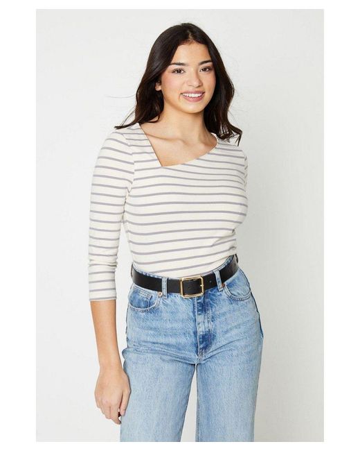 Oasis White Stripe Asymmetric Neck 3⁄4 Sleeve Jersey Top Cotton