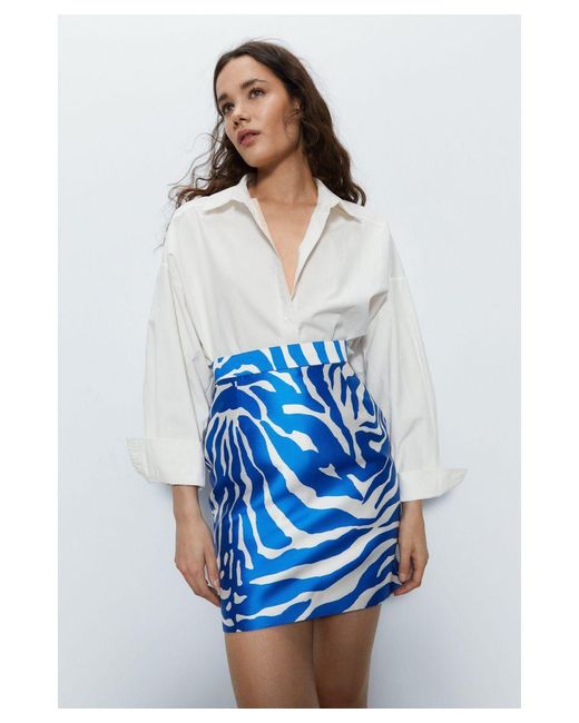 Warehouse Blue Premium Printed Satin Twill Mini Skirt