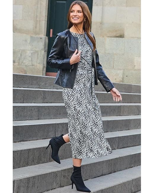 Sosandar Gray Animal Print Tie Side Midi Dress