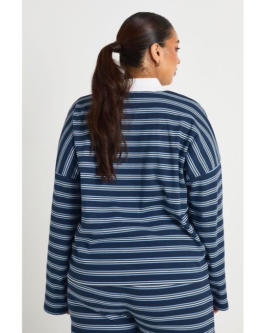 Boohoo Blue Plus Stripe Collared Button Down Top