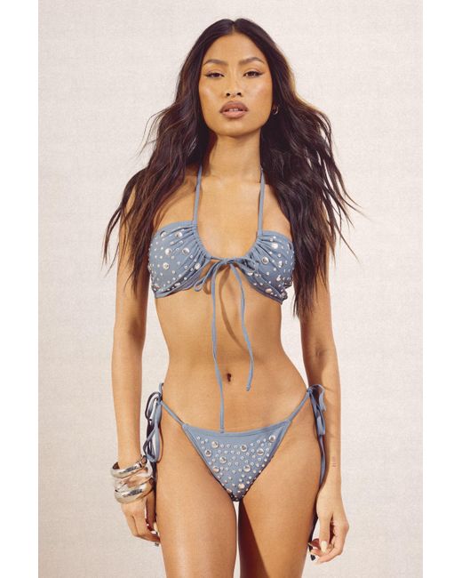 Boohoo Gray Studded Bandeau Bikini Top And Tie Side Bottom