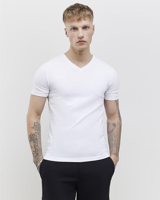 River Island White T-Shirt Multi 2 Pack Muscle Fit V-Neck for men