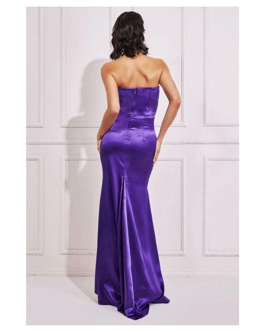 Goddiva Purple Satin Bandeau Maxi Dress