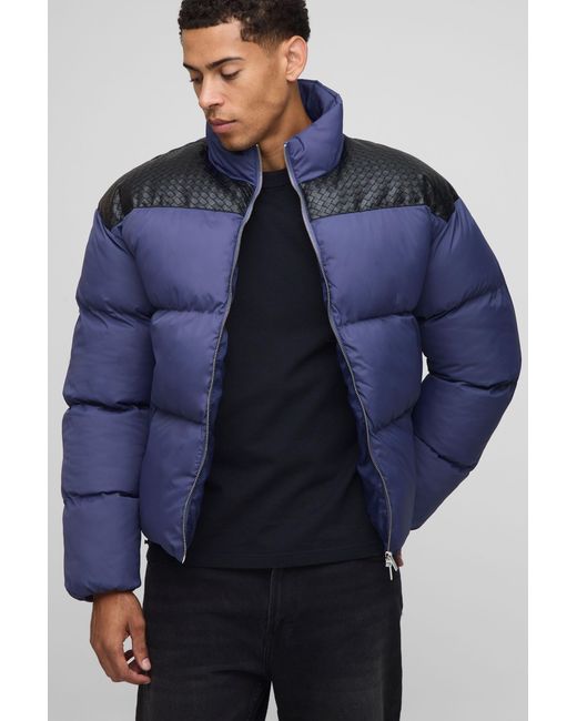 BoohooMAN Blue Regular Fit Pu Yoke Nylon Panel Puffer Jacket for men