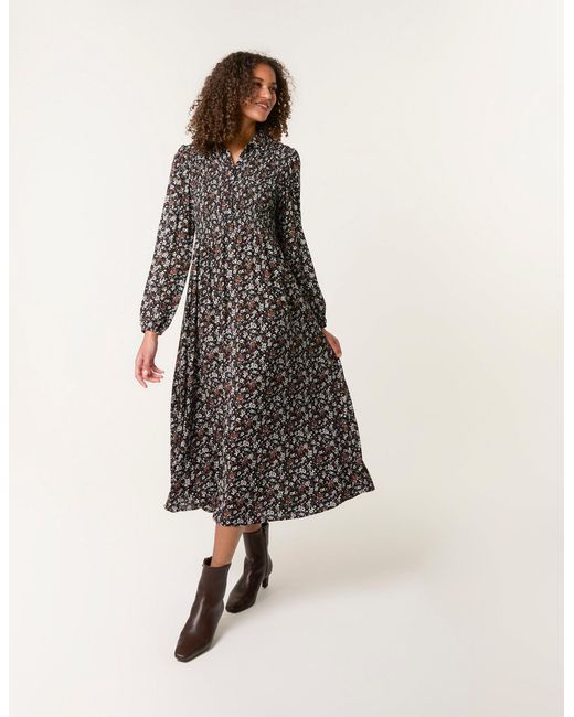 Blue Vanilla White Ditsy Floral Long Sleeve Shirred Maxi Dress