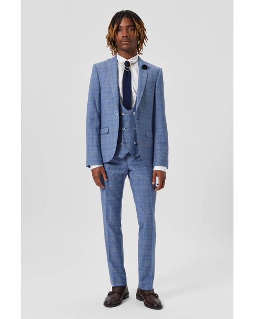 Twisted Tailor Blue Breamore Skinny Fit Check Wool Trousers for men