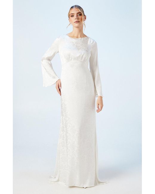 Oasis White Peony Satin Jacquard Flare Sleeve Wedding Dress