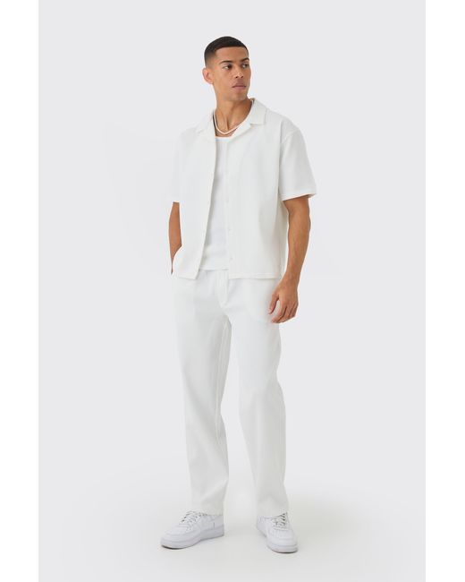 BoohooMAN White Oversized Short Sleeve Pleated Shirt & Straight Pants Set for men