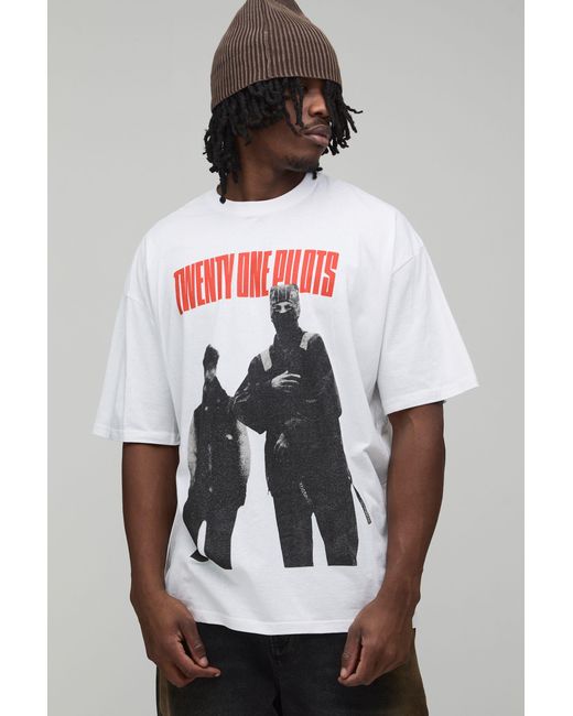 BoohooMAN White Tall Oversized Twenty One Pilots License Printed T-Shirt for men