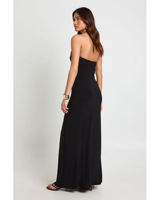 Boohoo Black Slinky Trim Halterneck Ruched Front Maxi Dress