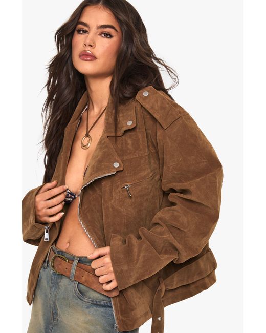 Boohoo Brown Vintage Suede Look Oversized Biker Jacket