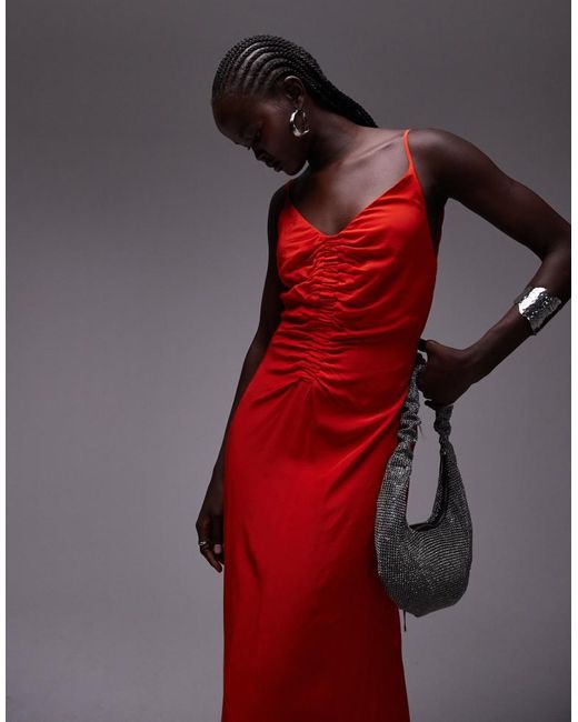 TOPSHOP Red Ruched Maxi Slip Dress