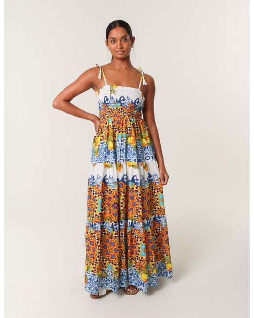Blue Vanilla Multicolor Lemon Abstract Print Shirred Maxi Dress