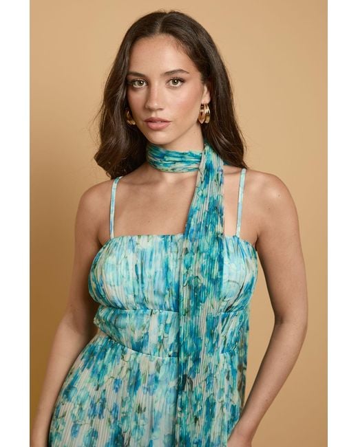 Oasis Blue Corset Detail Pleated Mesh Jumpsuit
