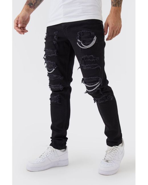BoohooMAN Black Skinny Stretch Ripped Chain Jeans for men