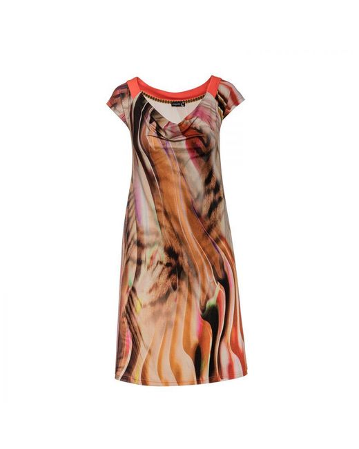 Conquista Brown Drape Neck A Line Print Dress