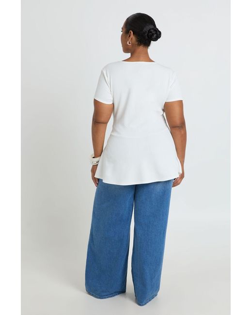 Boohoo White Plus Rib Button Down Peplum Top