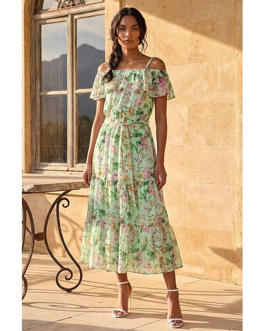 Roman Green Floral Print Bardot Midi Dress