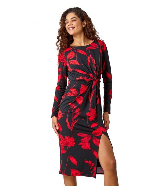 Roman Red Floral Print Twist Detail Stretch Dress