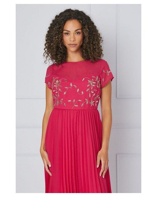 Wallis Red Embellished Lace Pleated Midi Dress