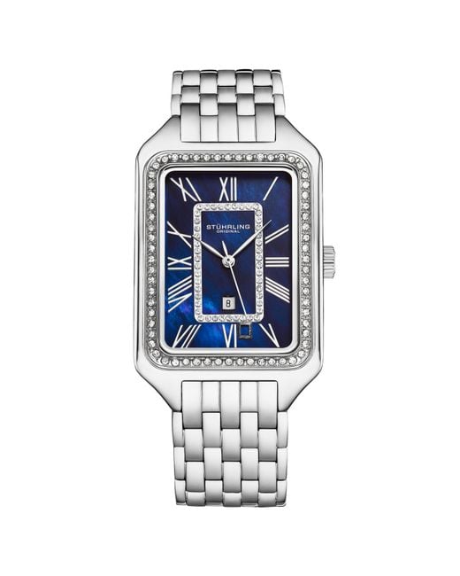 Stuhrling Blue Lustra 4061 Rectangle Quartz Fashion Watch With Crystals 32Mm