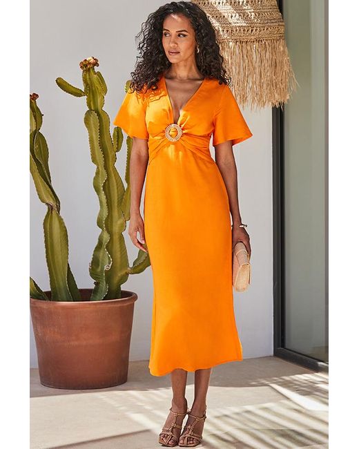 Sosandar Orange Linen Blend Angel Sleeve Midi Dress
