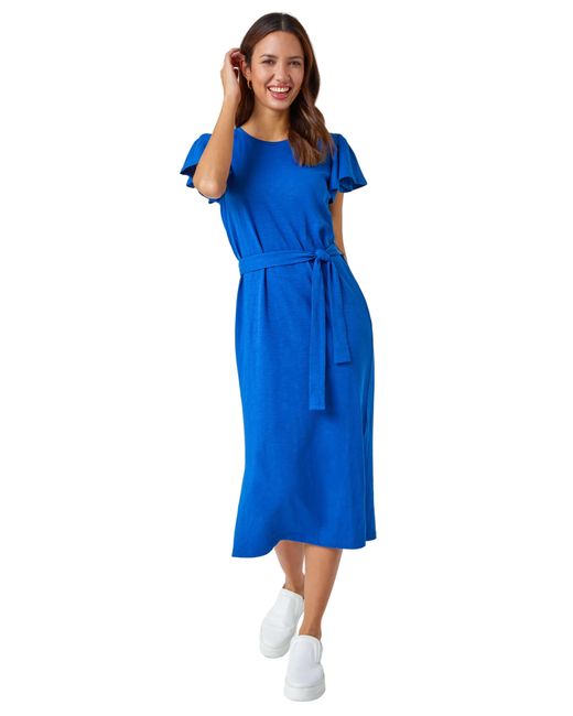 Roman Blue Ruffle Sleeve Belted Cotton Midi Dress