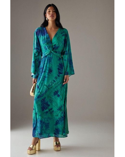 Warehouse Blue Chiffon Wrap Knot Front Maxi Dress