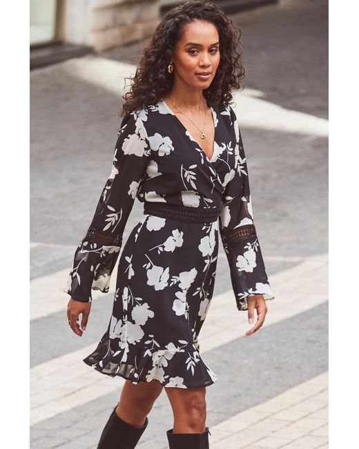 Sosandar Black Floral Print Lace Trim Faux Wrap Dress