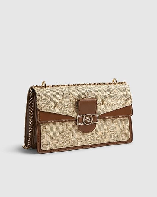 River Island Blue Shoulder Bag Rr Panelled Raffia Popper