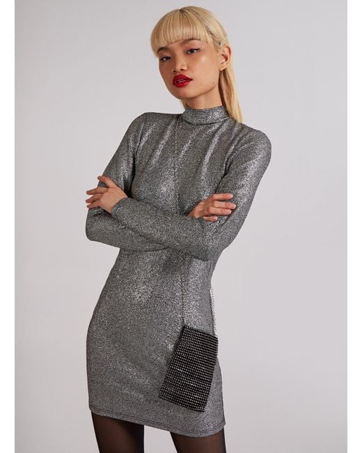 Pink Vanilla Gray Metallic High Tie Neck Open Back Dress