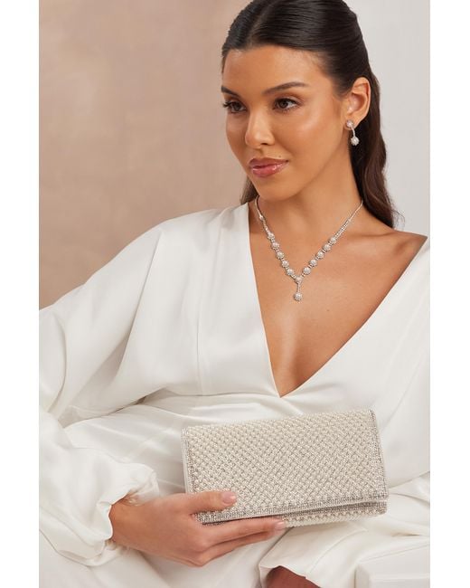 Quiz White Bridal Pearl Embellished Clutch Bag