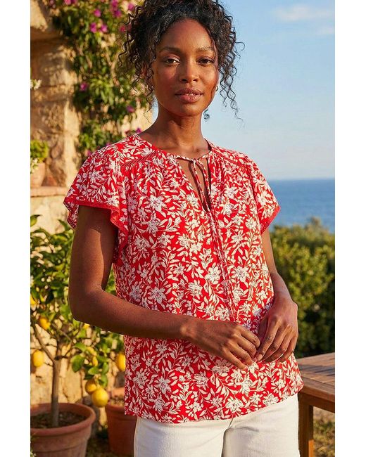 Roman Red Floral Print Frill Sleeve Tie Top
